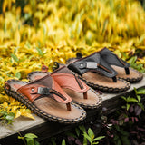 Cow Genuine Leather Retro Men's Summer Sandals Buckle Strap Beach Flip Flops Flat Water Shoes Solid Classic Casual Mart Lion   