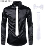 Black Men's Silk Dress Shirts 3Pcs(Shirt +Tie+Bowtie) Smooth Satin Slim Fit Party Prom Casual Social Camisa Mart Lion   