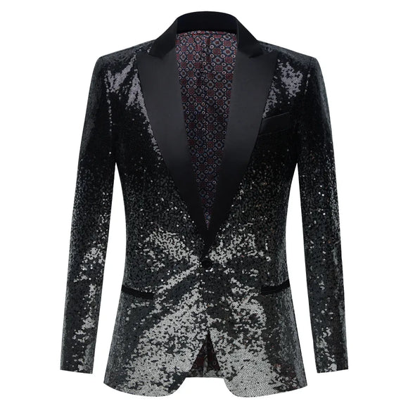 Black Sequin One Button Shawl Collar Suit Jacket Men's Bling Glitter Nightclub Prom DJ Blazer Jacket Stage Clothes for Singers MartLion black US 36R XS CHINA