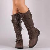 Women Knee Boots Winter Lace Up Flat Shoes  Retro Buckle women shoes Ladies Snow Boots MartLion   