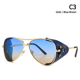 Vintage SteamPunk Pilot Style Sunglasses Leather Side Shield  Design Oculos Mart Lion C3 Gold Blue  