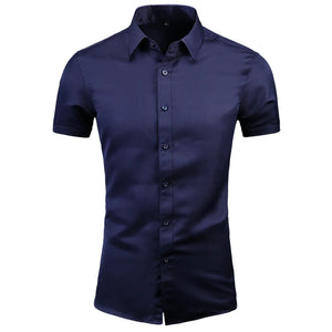 Men Dress Casual Short Sleeve Shirt White Black Blue Red Male Social Formal Shirts MartLion navy blue XXL CHINA