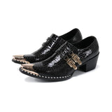 Black Red Pointed Toe Dress Shoes Men's Office Genuine Leather Breathable Buckle Slip On Snake Pattern High Heels Shoes MartLion   
