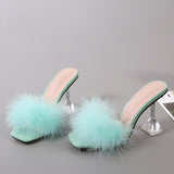 Summer Woman Pumps Transparent Perspex High Heels Color Feather Fur Peep Toe Mules Slippers Ladies Slides Shoes Sandals Mart Lion   