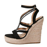 Summer Wedge Sandals Women Straw Rope Weave Thick Bottom Platform High Heels Open Toe Buckle Strap Rhinestone Shoes Mart Lion Black 35 China