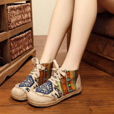 High Top Cotton Embroidered Women Casual Linen Flat Shoes Handmade Lace Up Thick Hemp Soled Canvas Sneakers MartLion   