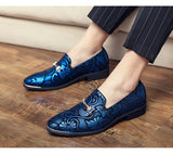 Men's Dress Leather Shoes Luxury British Gold Blue National Pattern Oxfords Classic Gentleman Wedding Prom MartLion   