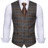 Barry Wang Men's Light Gray Plaid Waistcoat Blend Tailored Collar V-neck 3 Pocket Check Suit Vest Tie Set Formal Leisure MD-2305 Mart Lion   