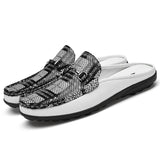 Men's Mules Genuine Leather Casual Shoes Slippers Luxury Footwear Grid Lattice Black Mart Lion White 35 