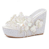 Summer Slippers Flower Decoration Platform Wedges Sandals Women High Heels Female Flip Flop Shoes Mart Lion white 34 