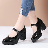 Women Mary Jane Pumps Shoes Patent Genuine Leather High Heels Shinny Ladies Retro Brogue High Square Heel MartLion   