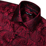 Barry Wang Luxury Red Paisley Silk Shirts Men's Long Sleeve Casual Flower Shirts Designer Fit Dress MartLion   