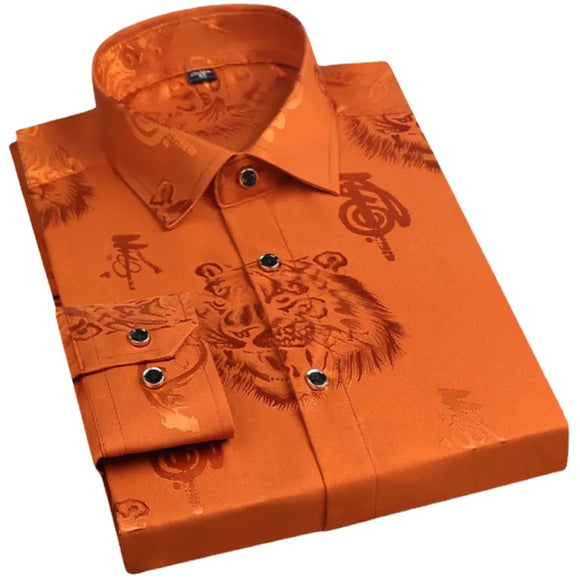 Spring Men's Long-sleeved Shirt Tiger Print Orange Lapel Single-breasted Top Hanfu Slim Fit MartLion 1 M 