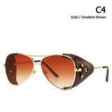 Vintage SteamPunk Pilot Style Sunglasses Leather Side Shield  Design Oculos Mart Lion C4 Gold Brown  
