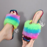 Summer Woman Pumps Transparent Perspex High Heels Color Feather Fur Peep Toe Mules Slippers Ladies Slides Shoes Sandals Mart Lion   