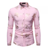 Stylish Rose Floral Gold Print Pink Shirt Men's Slim Fit Long Sleeve Dress Shirts Club Party Wedding Camisa Social MartLion Pink S 