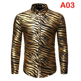 Men's 70s Metallic Gold Zebra Print Disco Shirt Slim Fit Long Sleeve Dress Shirts Party Prom Stage Chemise MartLion A03 Gold US Size S 