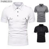 Double Pocket Military Epaulet Polo Shirt Men's Summer Short Sleeve Slim Fit Polo Homme Turn Down Collar Polos Para Hombre MartLion   