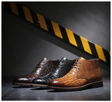 Men's Short Boot Lace-up Crocodile Grain Leather Ankle Martin Casual Shoes High Top Flats Mart Lion   