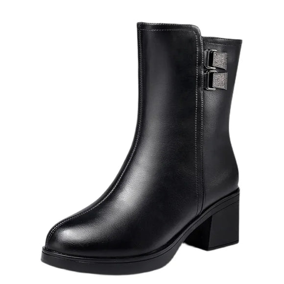  Women Boots Warm Plush Ankle Slim Thick Heel  Classic Black Ladies Shoes Zipper Female Footwear MartLion - Mart Lion
