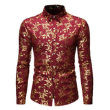 White Men's Shirt Luxury Gold Floral Print Dress Shirts Slim Fit Long Sleeve Chemise Homme Streetwear Hawaiian Shirt MartLion wine red S 