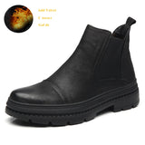 Classic Black Men's Chelsea Boots Slip on Genuine Leather Shoes Winter Fur Ankle hombre Mart Lion Black Fur -1760 38 