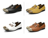 Men's Leather Casual Shoes Design Bright Face Buckle and Gold Metal Toe Driving Part Flats MartLion   