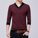 Men's Clothes Autumn Casual T-shirt V-neck Patchwork Color Design Top Tees Mart Lion   