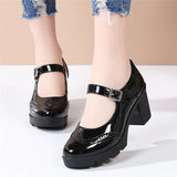 Women Mary Jane Pumps Shoes Patent Genuine Leather High Heels Shinny Ladies Retro Brogue High Square Heel MartLion   