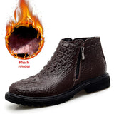 Leather Men's Boots Autumn Winter Warm  Fur Snow Crocodile Pattern Ankle Shoes Mart Lion Plush Brown 6.5 