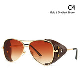Vintage SteamPunk Pilot Style Sunglasses Leather Side Design Sun Glasses Oculos De Sol 2029 Mart Lion C4 Gold Brown  