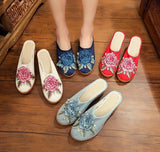 Veowalk Cotton Flower Appliques Women Canvas Wedge Slippers Summer Retro Ladies Med Heel Slides Mules Comfort Platforms Shoes MartLion   