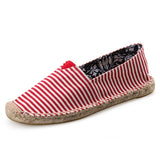 Men's Espadrilles Patchwork Slip on Summer Shoes Loafers Breathable Canvas Jute Wrapped Black Stripe Mart Lion Red Pinstripe 4 