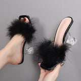 Summer Woman Pumps Transparent Perspex High Heels Color Feather Fur Peep Toe Mules Slippers Ladies Slides Shoes Sandals Mart Lion   