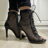 Women Ballroom Dance Shoes Mesh Short Boots Comfort Summer High Heels Sandals Woman's Mart Lion   