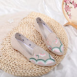 Flower Embroidered Women Cotton Fabric Pointed Toe Flat Shoes Slip On Flats Style MartLion   