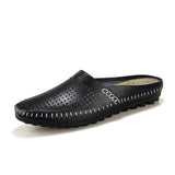 Breathable Hollow Casual Shoes Men's Loafers Genuine Leather Summer Half Slip On Water MartLion 8 Black Shoes Men 