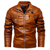 Leather Jacket Men's Winter Fleece Motorcycle PU Stand Collar Casual Windbreaker Ropa De Hombre Slim Coat Mart Lion Yellow L 