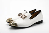 Men's Leather Casual Shoes Design Bright Face Buckle and Gold Metal Toe Driving Part Flats MartLion WHITE 5.5 