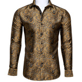 Barry Wang Gold Rose Paisley Silk Shirt Men's Long Sleeve Casual Flower Shirts Designer Fit Dress MartLion CY-0031 S 