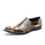 Handmade Pointed Toe Metal Tip Genuine Leather Men's Dress Shoes Snakeskin Evening Party Wedding Gold Oxfords MartLion   
