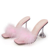 Summer Woman Pumps Transparent Perspex High Heels Color Feather Fur Peep Toe Mules Slippers Ladies Slides Shoes Sandals Mart Lion Pink 34 China