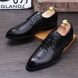 Men's Crocodile Grain Genuine Leather Dress Shoes Pointed Toe Casual Party Oxfords Lace-Up Flats Mart Lion   