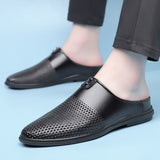 Men's Mules Shoes Slip on Loafers Leather Slippers Hollow Out Casual Luxury Driving Sandal Brown Black White Mart Lion   