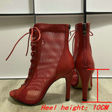 Women Ballroom Dance Shoes Mesh Short Boots Comfort Summer High Heels Sandals Woman's Mart Lion Red-10cm 34 