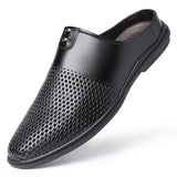 Men's Mules Shoes Slip on Loafers Leather Slippers Hollow Out Casual Luxury Driving Sandal Brown Black White Mart Lion   