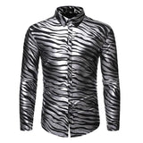 Men's 70s Metallic Gold Zebra Print Disco Shirt Slim Fit Long Sleeve Dress Shirts Party Prom Stage Chemise MartLion   