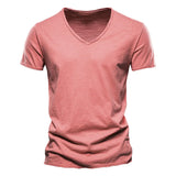 Cotton Men's T-shirt V-neck Design Slim Fit Soild Tops Tees Short Sleeve MartLion   