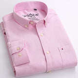 Men's Long Sleeve Oxford Plaid Striped Casual Shirt Front Patch Chest Pocket Regular-fit Button-down Collar Thick Work Shirts Mart Lion Pink 40 
