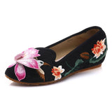 3D Lotus Women Pointed Toe Canvas Ballet Flats Flower Embroidered Slip on Comfort Cotton Shoes MartLion Black 6 